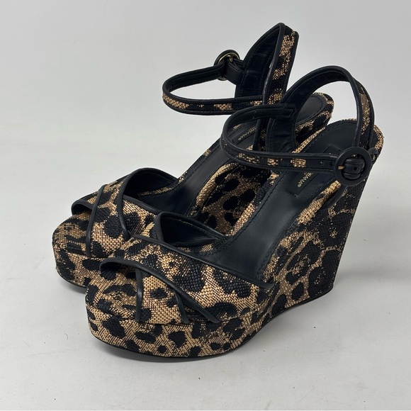 Dolce & Gabbana Raffia Printed Espadrille Wedges Size 37 Leopard Print - Picture 1 of 12
